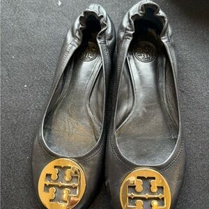 Tory Burch Black Leather Flats with Gold Logo
